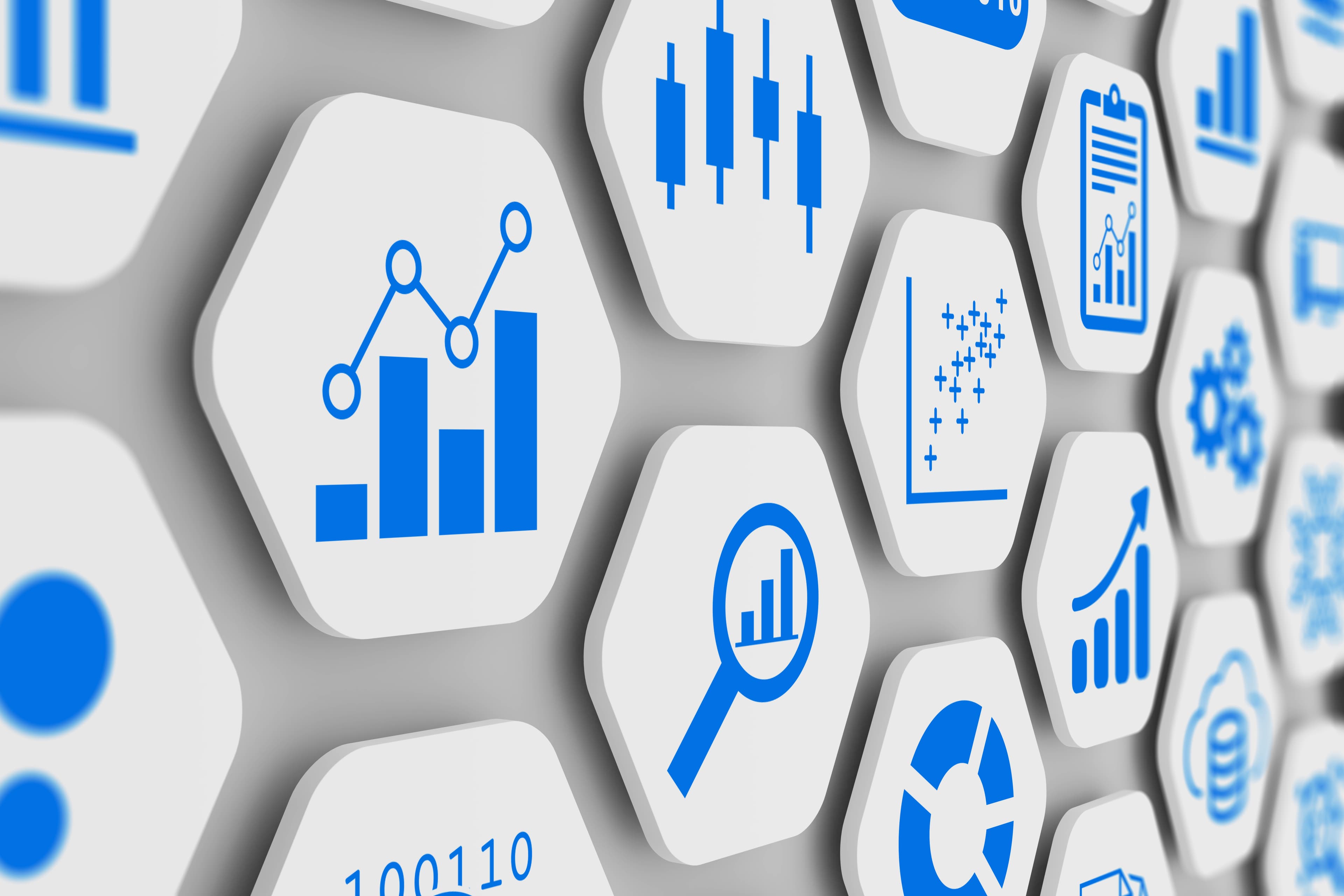 Business analytics and data science concept with graph and chart icons on 3D hexagonal grid, abstract illustration of KPI, metrics, information dashboard and analysis with clean modern design