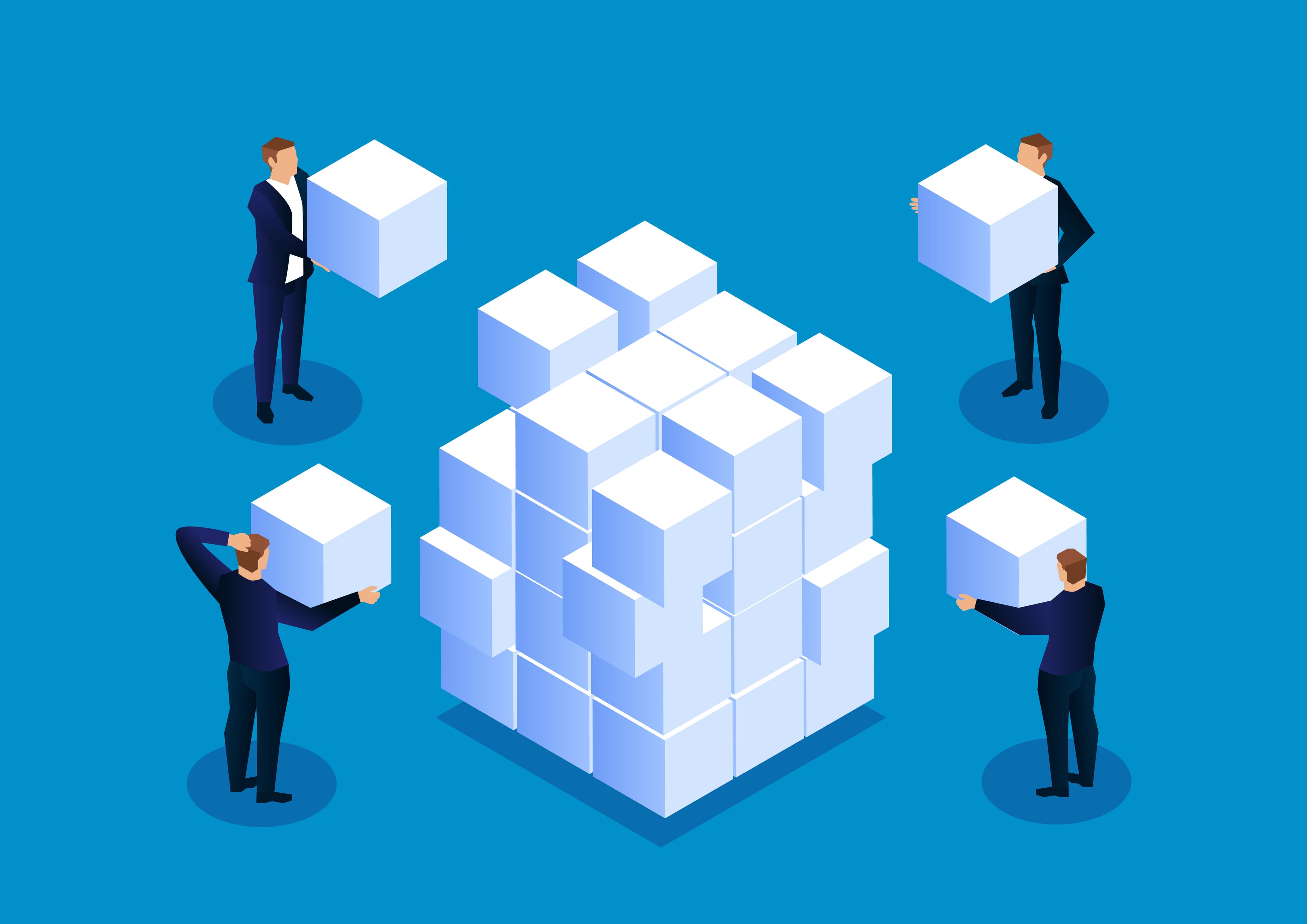 Businessmen collect and stack cubes, conceptual illustrations of business data collection and development