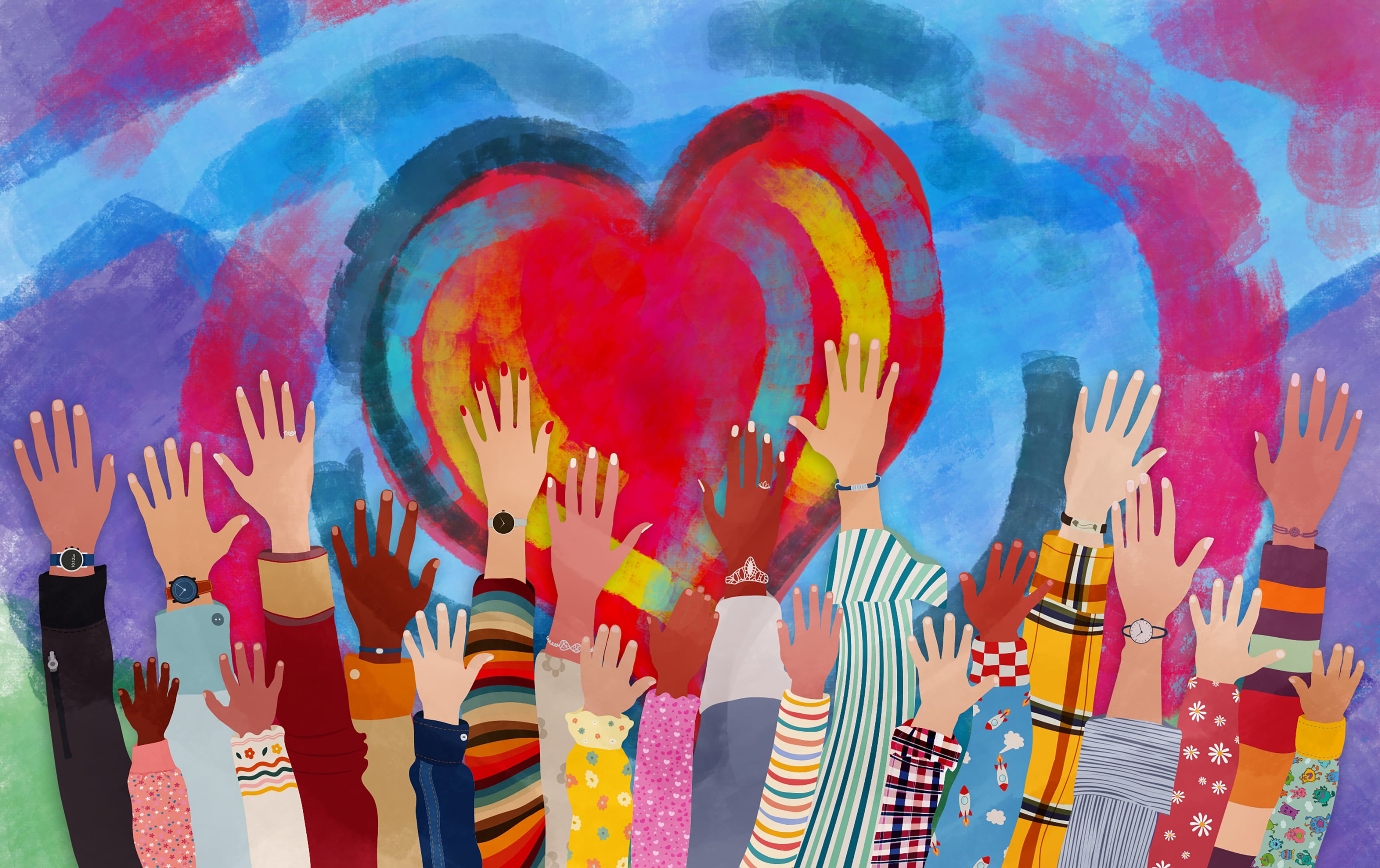 Possible use for association or volunteer community. Voluntary assistance cone. Expression of joy. Voting or election concept. Community of multi-ethnic and multicultural people. Racial equality. Cooperation and friendship between people. Families of parents, children, young people who volunteer.