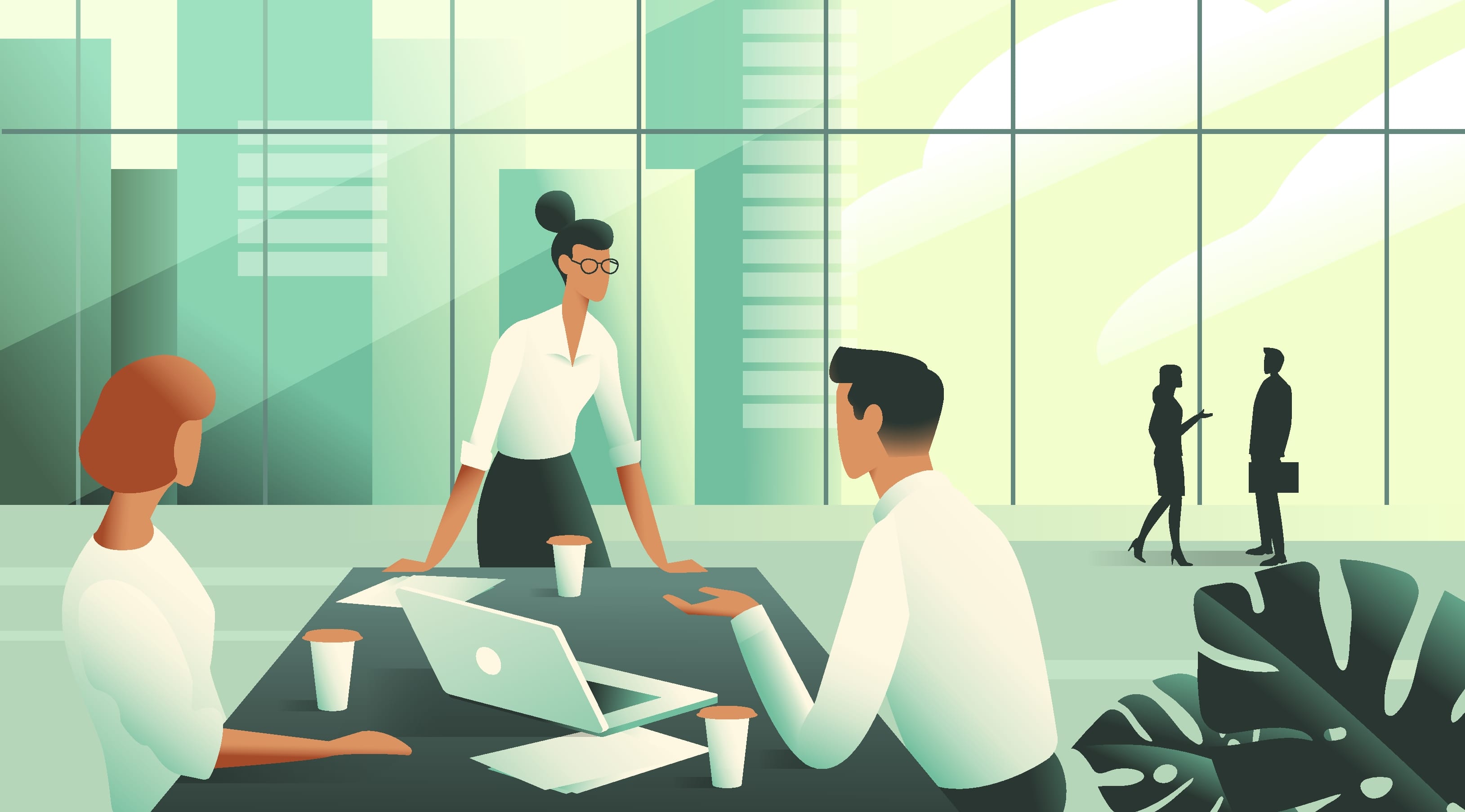 Young professionals discussing a problem in a modern office. Brainstorming and teamwork concept. Flat vector illustration.