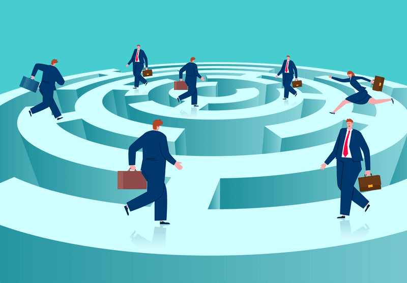 A group of businessmen looking for an exit on a maze, business concept illustration