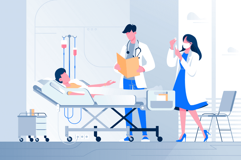 Flat sick young person lies with dropper near with doctor and nurse at the hospital. Concept man and woman characters, medicine, help people. Vector illustration.