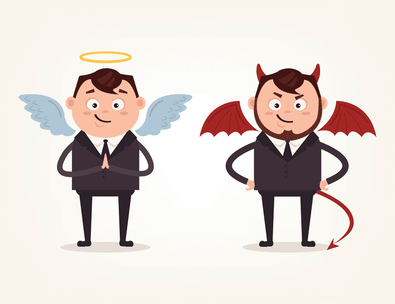 Angel and devil businessman office workers characters. Good and bad. Vector flat cartoon illustration