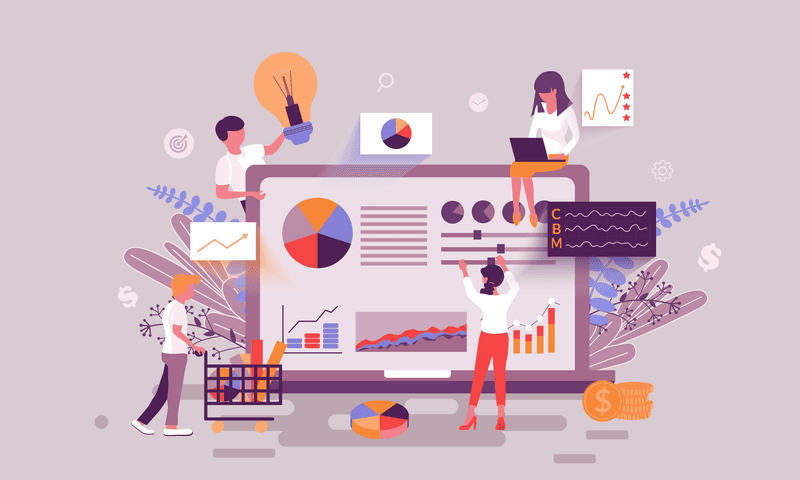 Flat web page design template of business statistic homepage or header decorated people character for website and mobile website development. Flat landing page template. Vector illustration.