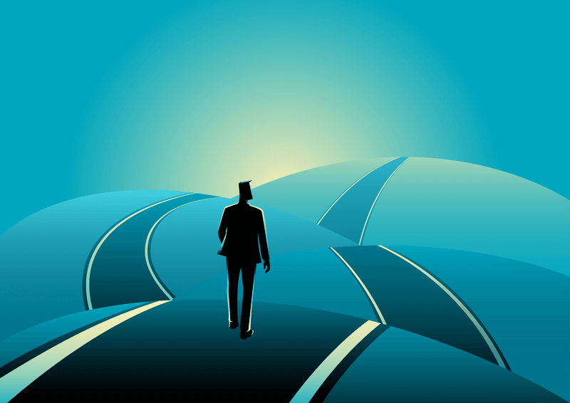 Business concept illustration of a businessman standing on the asphalt road over the hills