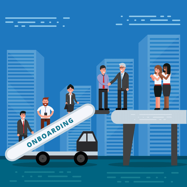 Employees onboarding concept. HR managers hiring new workers for job. Recruiting staff or personnel in their business company. Organizational socialization vector illustration