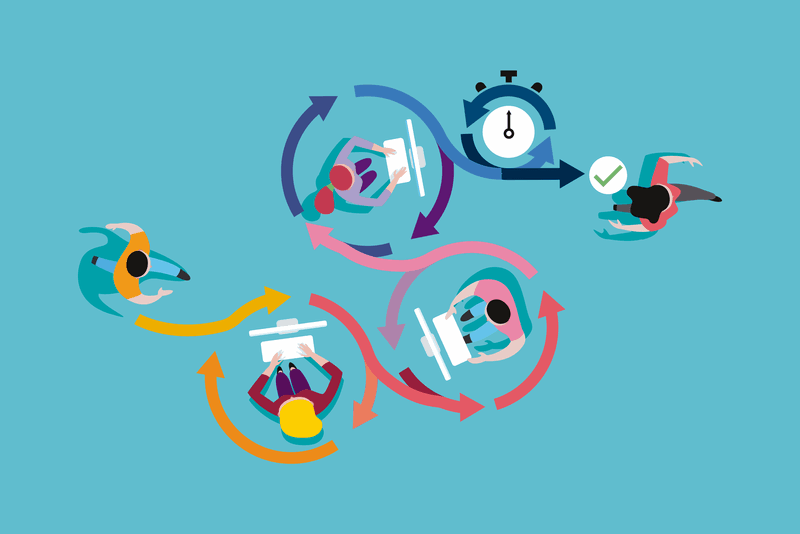 Vector illustration. Agile development workflow method. Top view of developers team working on computers.