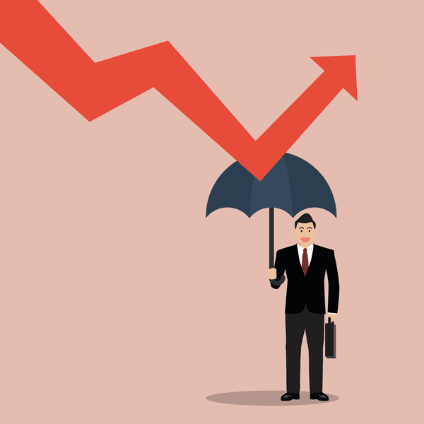 businessman holding umbrella protect graph down. Protection from economic crisis