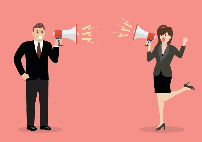 Businessman and woman are shouting on each other with megaphones. Business concept