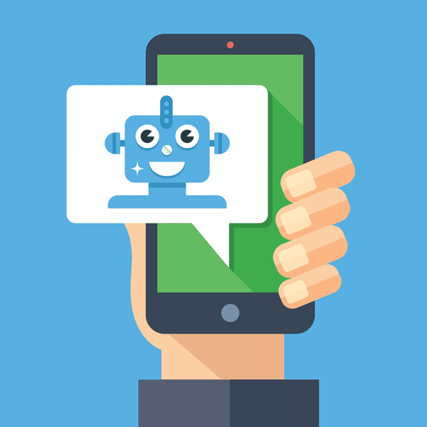 Intelligent personal assistant, virtual assistant, chat bot, chatbot concept. Hand holding smartphone with speech bubble and robot. Modern long shadow flat design graphic elements. Vector illustration