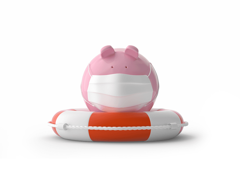Piggy Bank Wearing A Surgical Mask on Lifebuoy , Isolated on white background